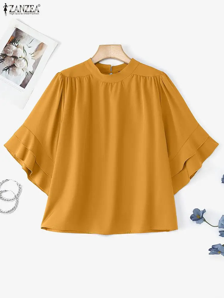 Women Blouse ZANZEA Elegant Office Lady Ruffled Shirts Half Sleeve Solid Casual Fashion Tops 2025 Summer OL Blusas Femininas