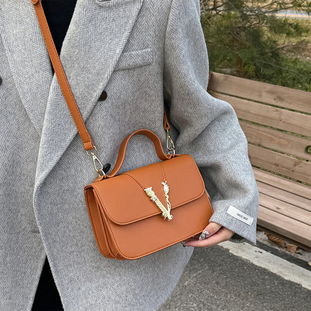 Women's Fashion Crossbody Bag PU V-Logo Flap Purse Large Capacity Magnetic Closure Adjustable Strap Waterproof for Daily Use