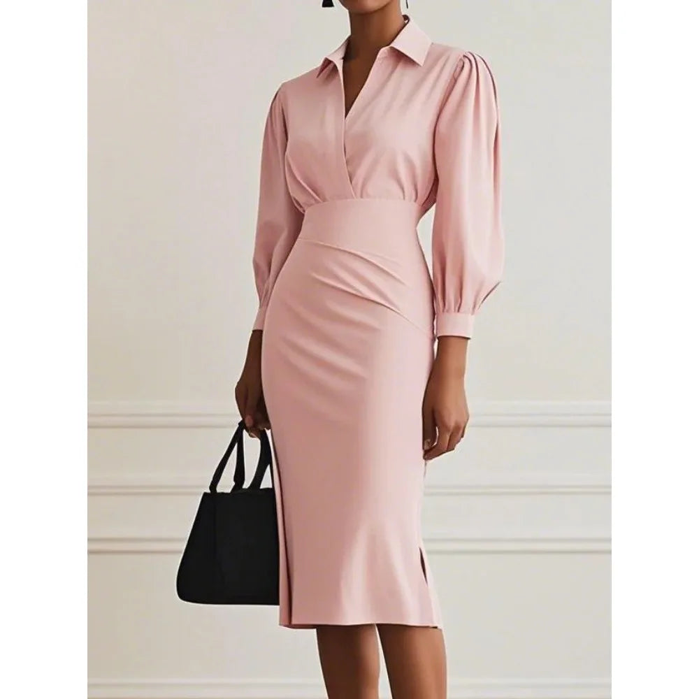 Dresses Women Long Dress 2025 Autumn Office Lady Vestidos Largos Lapel Split Slash Tight Waist Slim Solid Casual Elegant Dresses