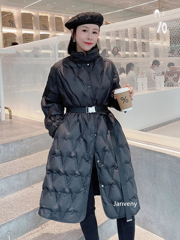 Janveny Ultra Light Women's Long Puffer Jacket Female Feather Parkas Lightweight Slim 90% Duck Down Coat With Belt Waterproof