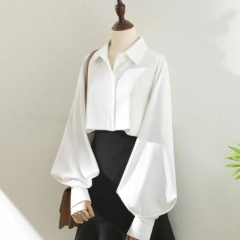 Blouses Tops Women White Black Long Lantern Sleeve Office Lady Temperament Autumn Winter Basic All-match Design Chic Female New