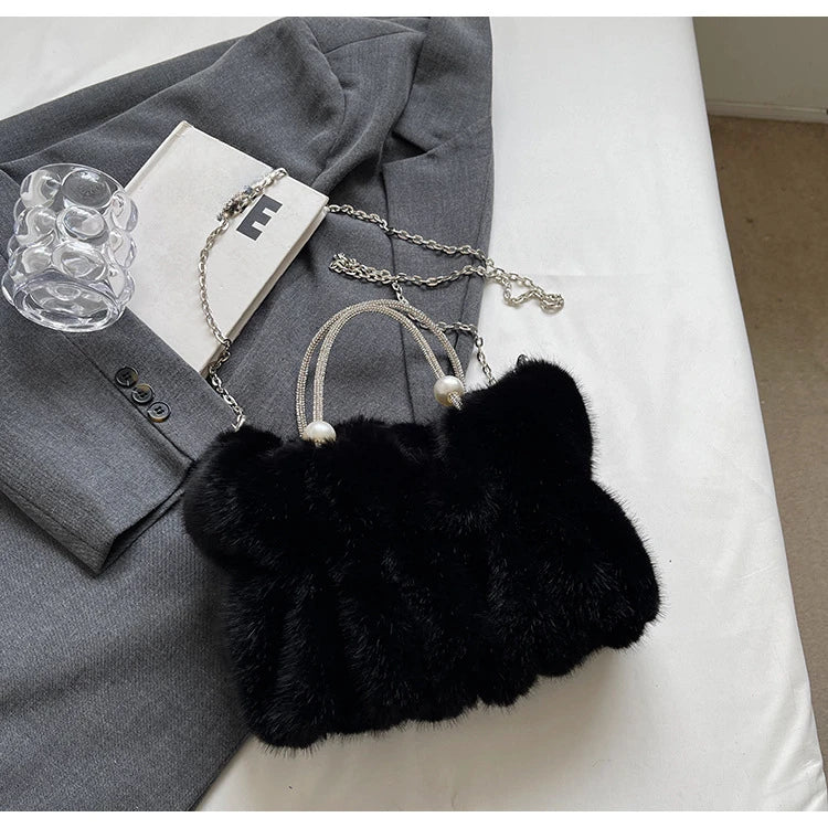 Soft Plush Evening Bags For Elegant Women Fur Dinner Party Clutch Chain Crossbody Winter Warm Luxury Designer Handbags