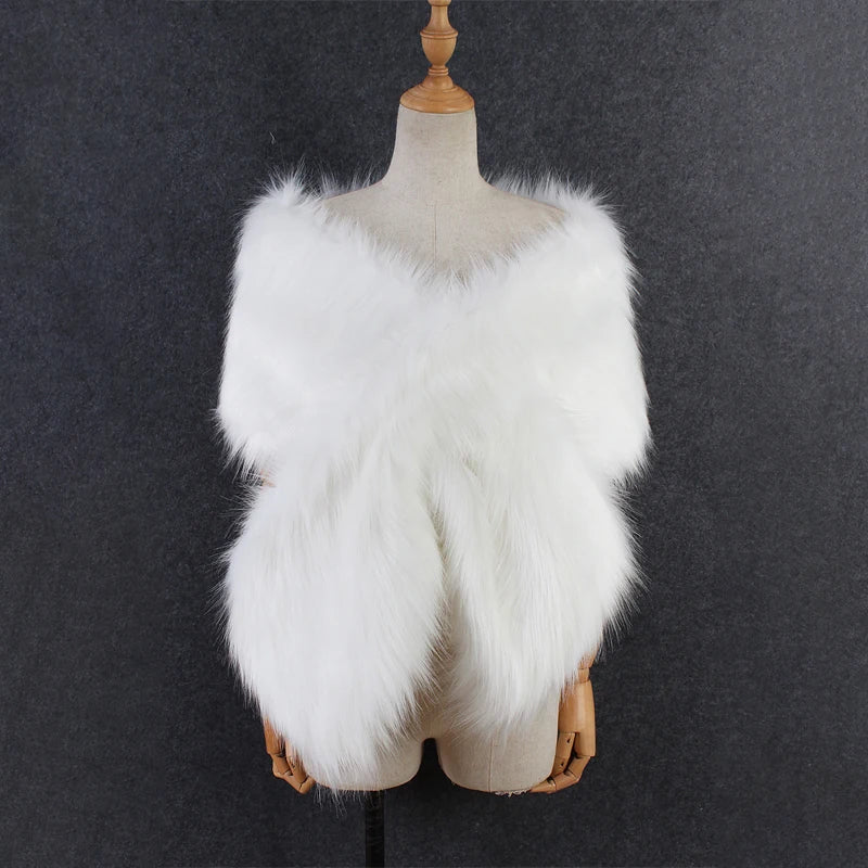 Women Fancy Bridal Wedding Shawl Cape Elegant Winter Warm Faux Fur Long Shawl Stole Wrap Scarf For Evening Party Decor Accessory