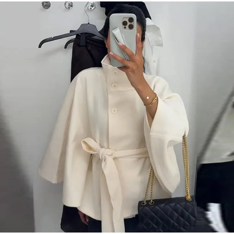 Elegant Lace Up Loose Fit Cape Coat Women's Autumn Winter Oversized High Neck Belted Wrap Jacket Fashion Warm Outerwear Outfit