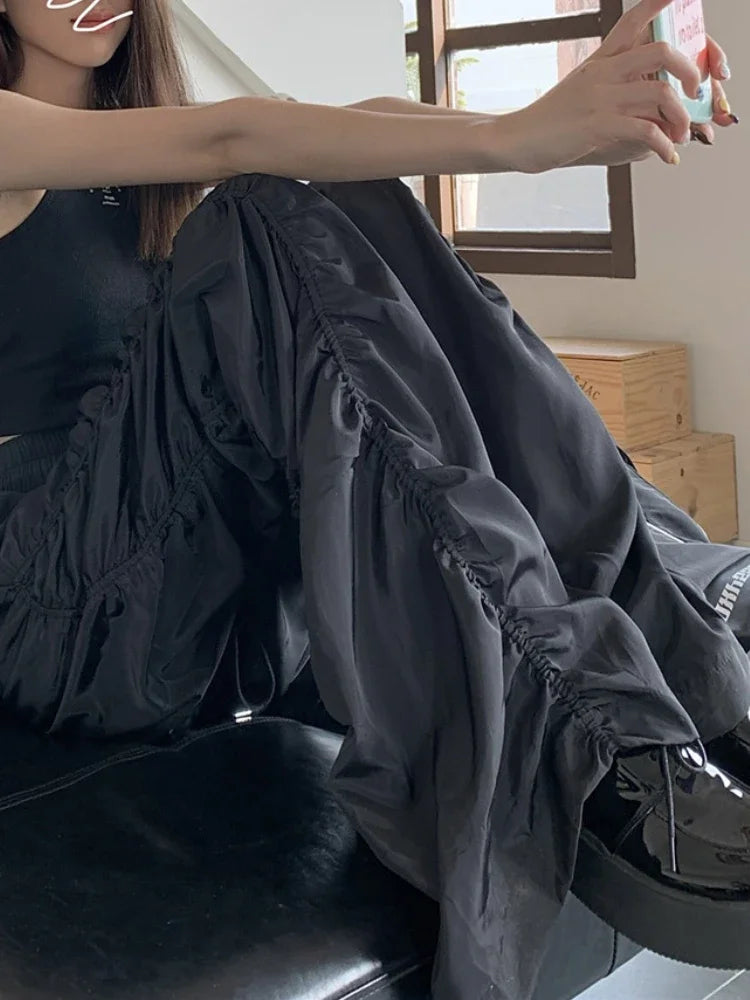 High Waisted Pants Women Black Joggers Casual Shirring Design Vintage European Style Personality Hip-hop Cool Girls Pantalones