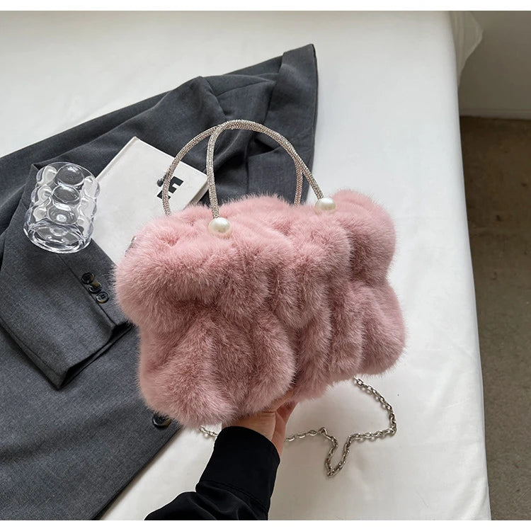 Soft Plush Evening Bags For Elegant Women Fur Dinner Party Clutch Chain Crossbody Winter Warm Luxury Designer Handbags
