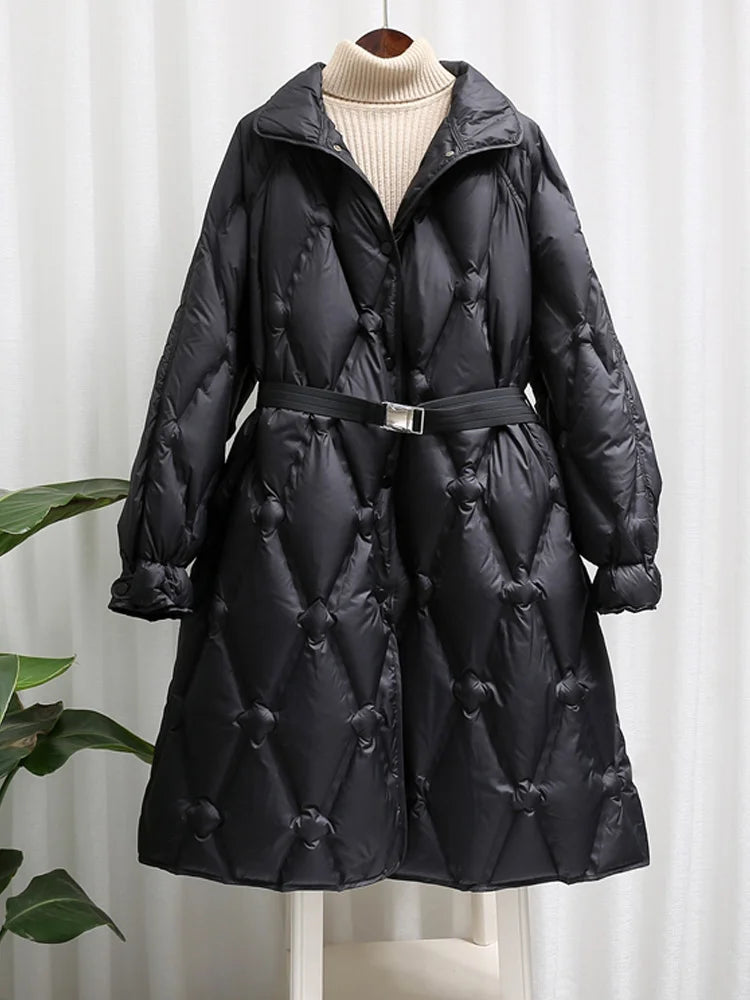 Janveny Ultra Light Women's Long Puffer Jacket Female Feather Parkas Lightweight Slim 90% Duck Down Coat With Belt Waterproof