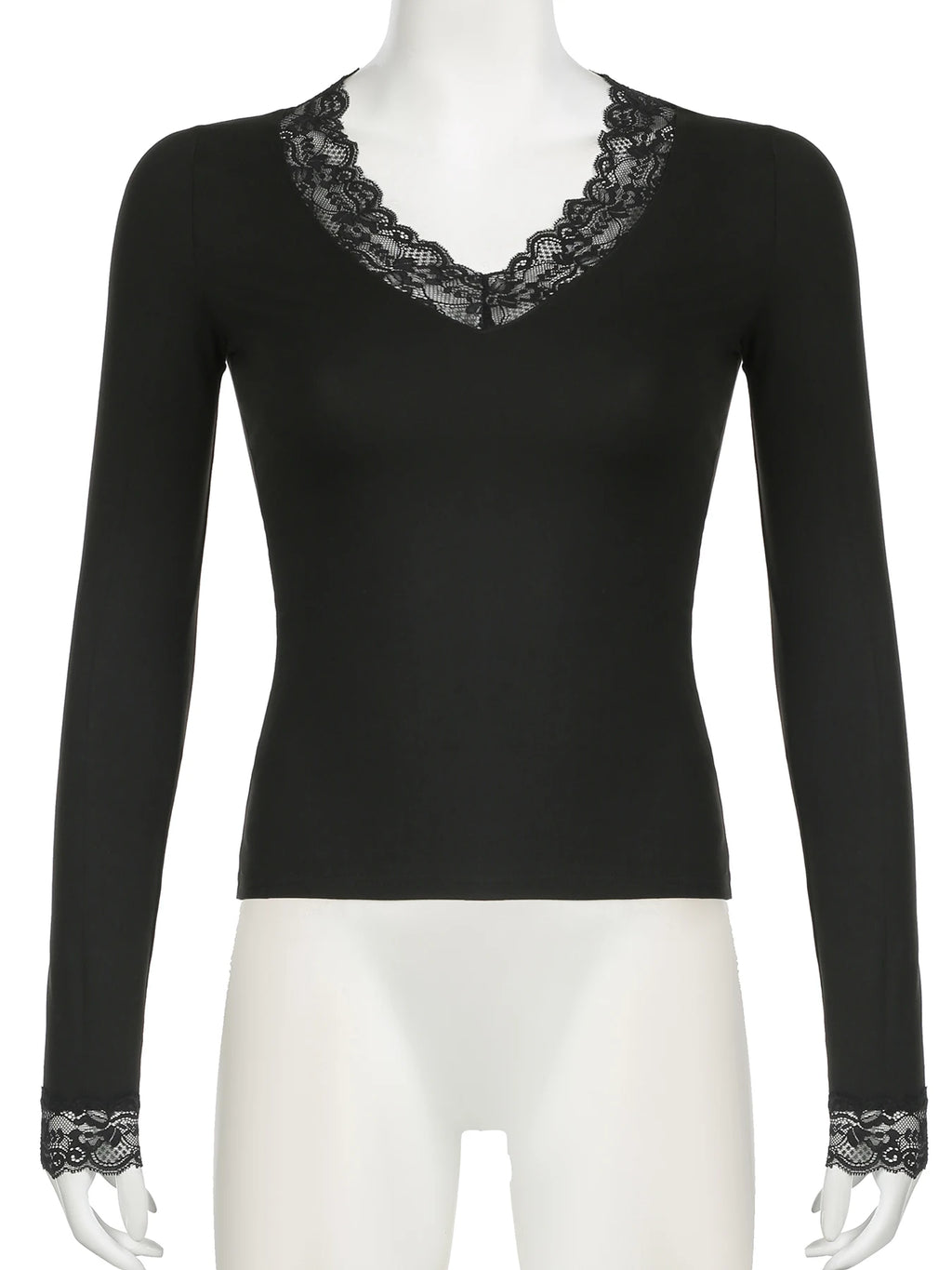 Casual Solid Lace Trim T Shirt Basic Slim V-Neck Long Sleeve Tees Women 2024 Autumn Spring Fashion Streetwear Ladies