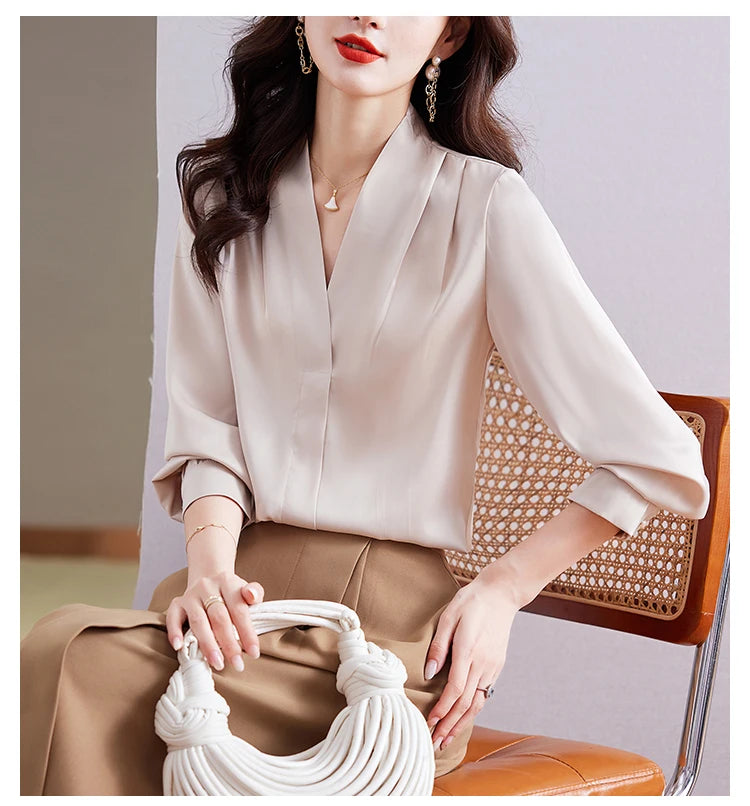 Fashion Woman Blouse 2023 Elegant and Youth Woman Blouses V-neck Silk Women's Autumn Clothing Vintage Shirt Solid OL Womens Tops