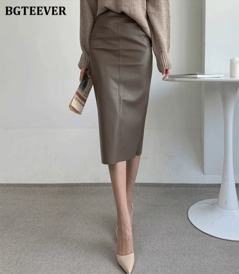 BGTEEVER Stylish Package Hip PU Leather Skirts for Women Autumn Elegant High Waist Slim Split Ladies Pencil Skirts