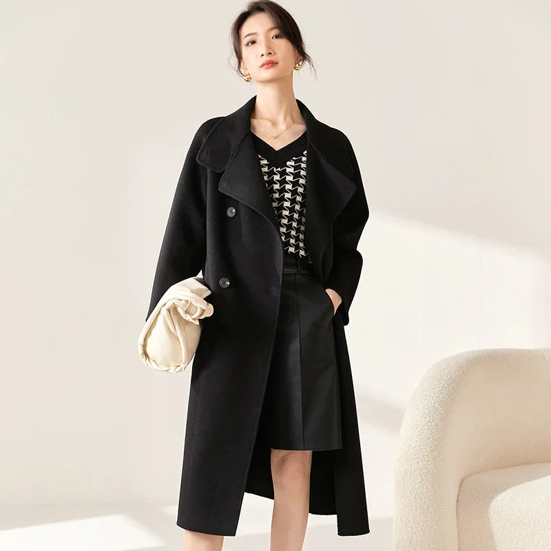 SENTUBILA Women's Long Woolen Overcoats 2025 Winter Outerwear Elegant Turtleneck Warm Double Breasted Belt Wrap Coat W24O42064