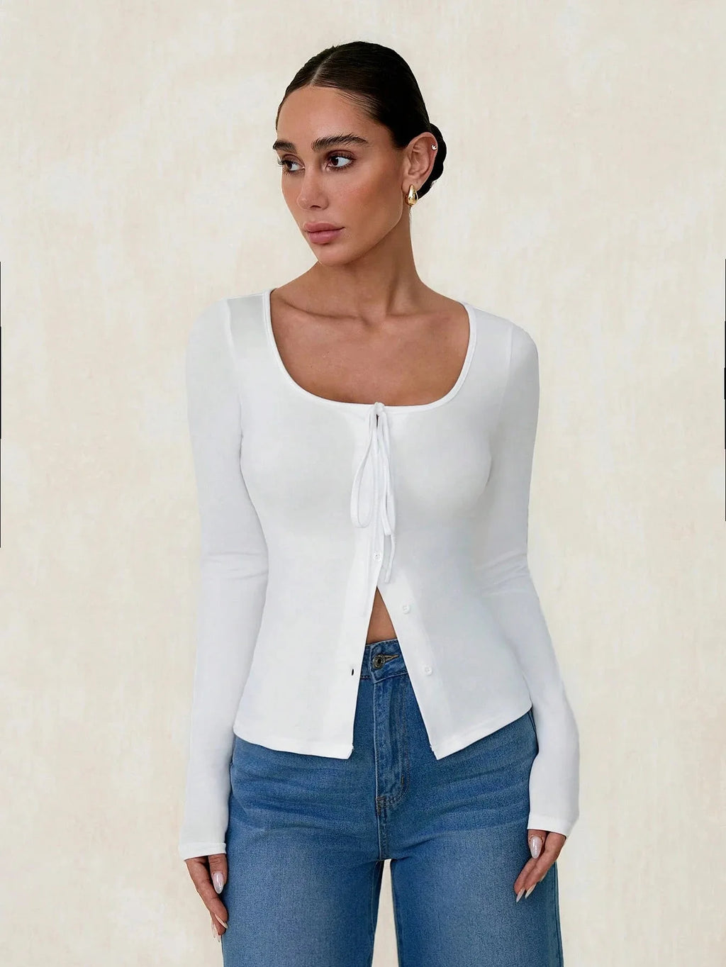 2025 New Women's Long-sleeved T-shirt White Slim Button Pink Cardigan Top Short Fashion Hot Girl Lace-up Tees for Female