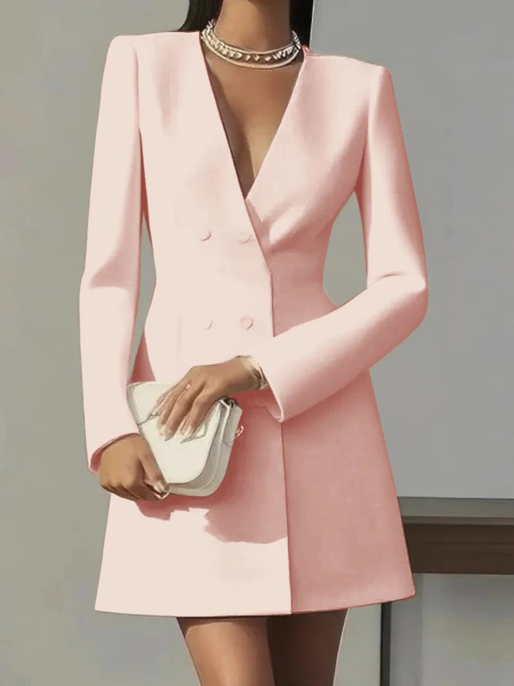 Fashion Commuter Dress for Women Autumn New Elegant Office Lady Solid Color Deep V-neck Double Breasted Long Sleeved Mini Dress