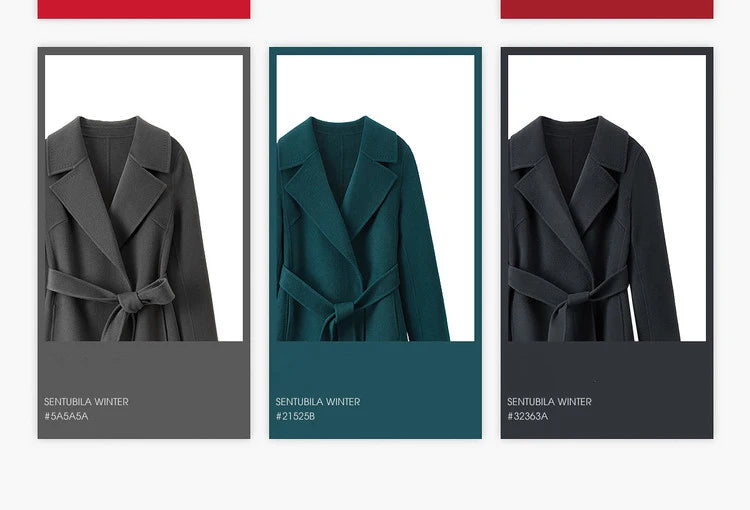 SENTUBILA Women 100% Wool Long Wrap Coat 2025 Elegant Notched Collar Belted Warm Double Faced Woolen Winter Overcoat W24O43352