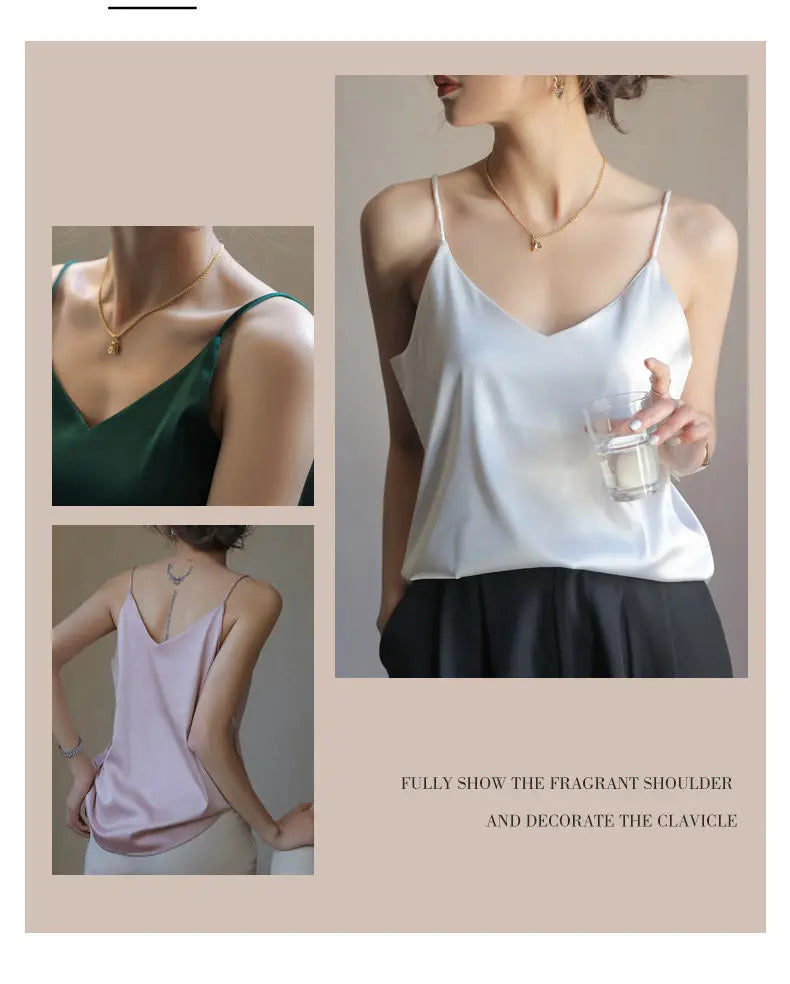 Spaghetti Strap Top Women Halter V Neck Basic White Cami Sleeveless Satin Silk 2025 Tank Tops Women'S Summer Camisole