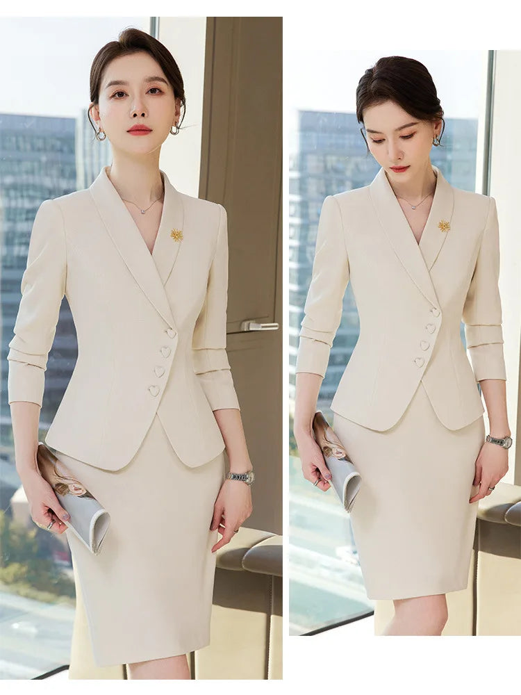 New Skirt Sets Long Sleeve Blazer Skinny Skirt 2 Piece Formal Women's Suit Sets for Business Navy Blue Apricot Work Uniform
