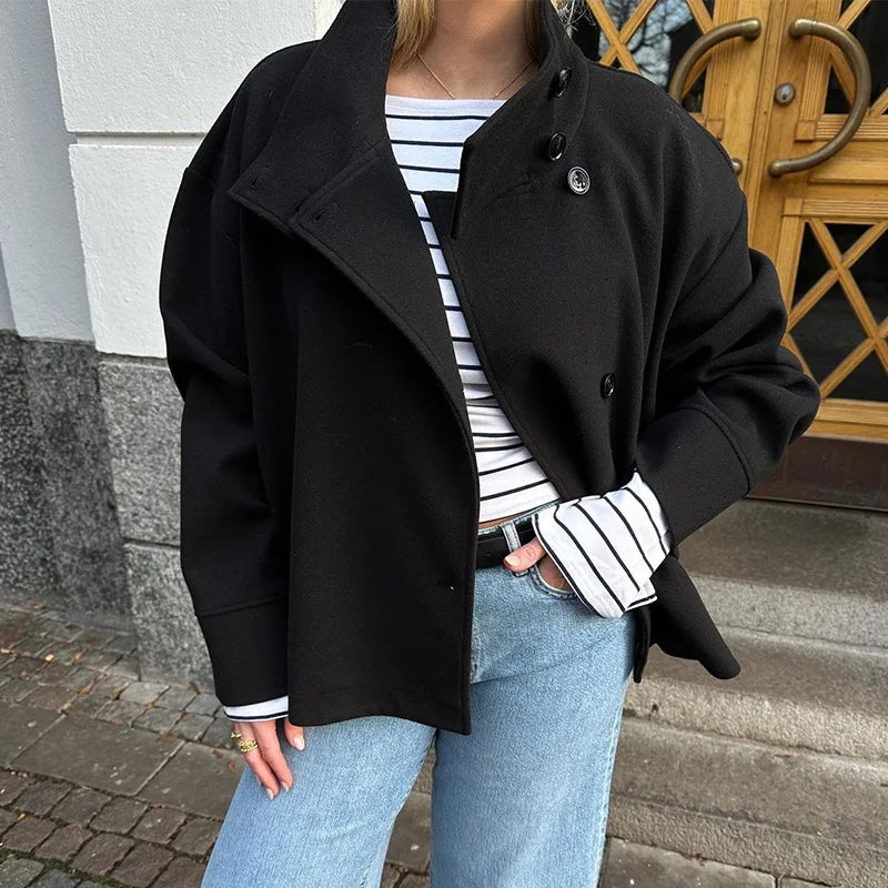 Elegant Women's Short Woolen Coats Loose Stand Collar Double Breasted Pocket Full Sleeve Jacket 2025 Autumn Lady Street Outwear