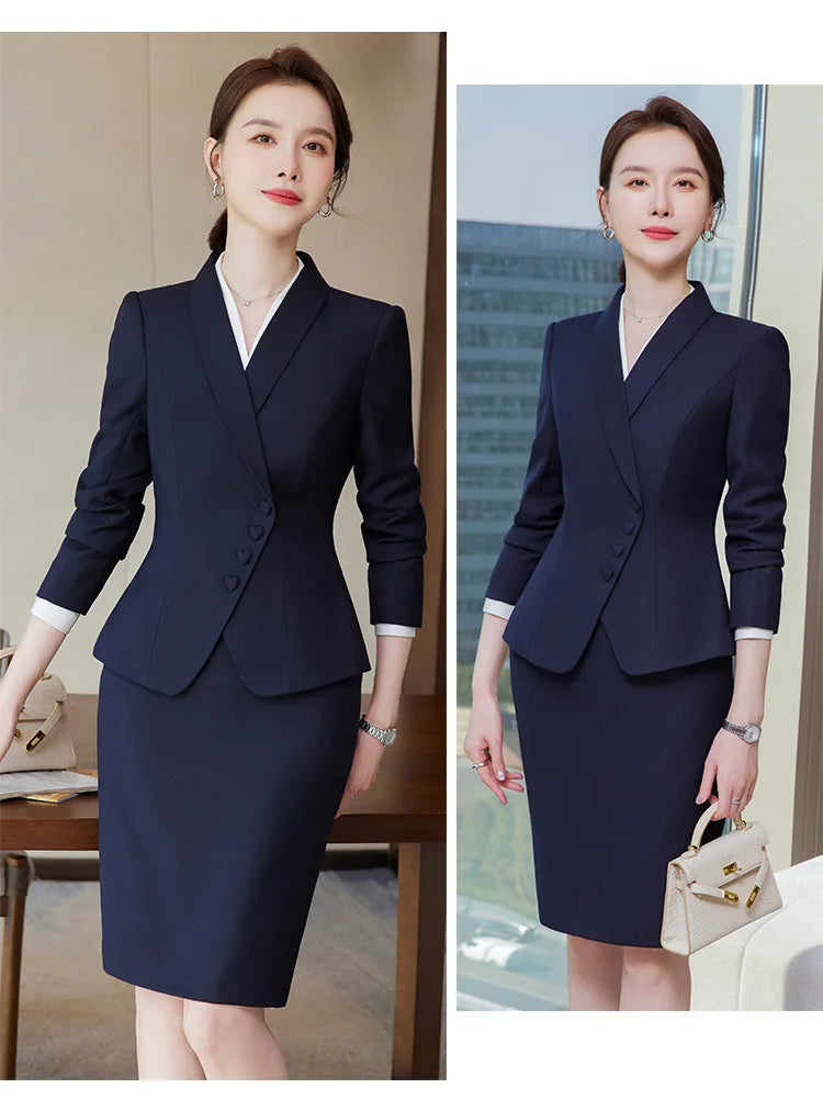New Skirt Sets Long Sleeve Blazer Skinny Skirt 2 Piece Formal Women's Suit Sets for Business Navy Blue Apricot Work Uniform