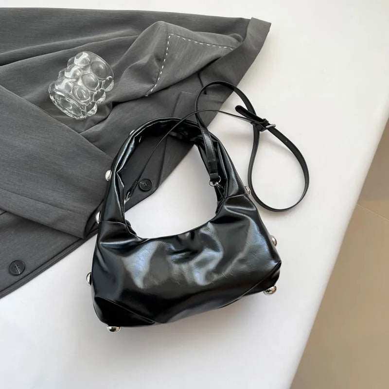 Black Half Moon Underarm Bag For Women Luxury Studded Beading Handbags Red Purse Solid Color Pu Leather Shoulder Crossbody Bags