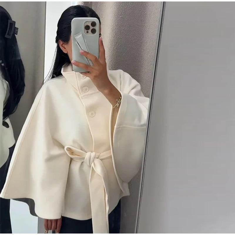 Elegant Lace Up Loose Fit Cape Coat Women's Autumn Winter Oversized High Neck Belted Wrap Jacket Fashion Warm Outerwear Outfit