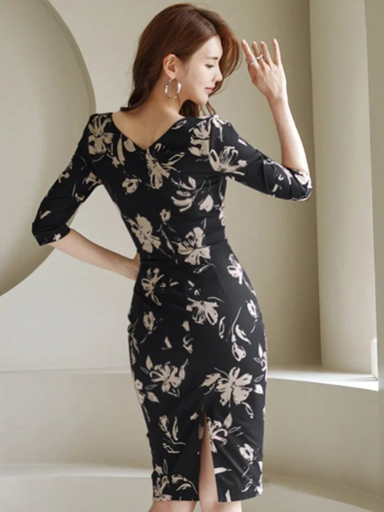 Elegant Office Lady Dress Spring Fashion Floral Square Collar With Seven-Point Sleeve High Waist Sheath Party Dress Women