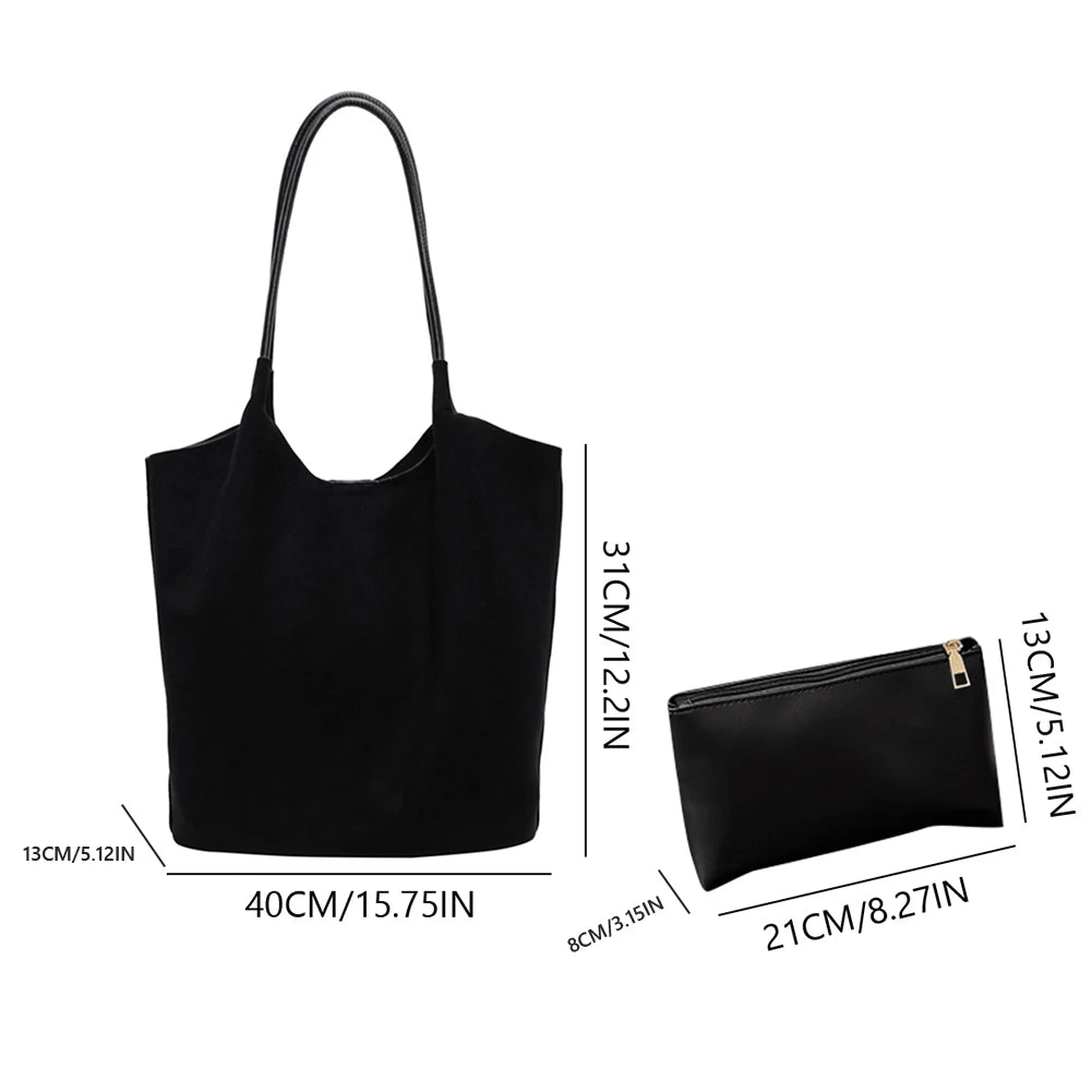 2pcs/set  Women Tote Bags Work Bags Suede Slouchy Bag Hobo Handbag Tote Handbag Suede Shoulder Bag Solid Color Commuting Bag