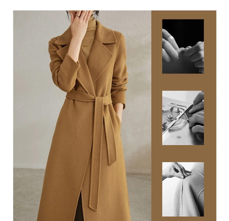SENTUBILA Women 100% Wool Long Wrap Coat 2025 Elegant Notched Collar Belted Warm Double Faced Woolen Winter Overcoat W24O43352