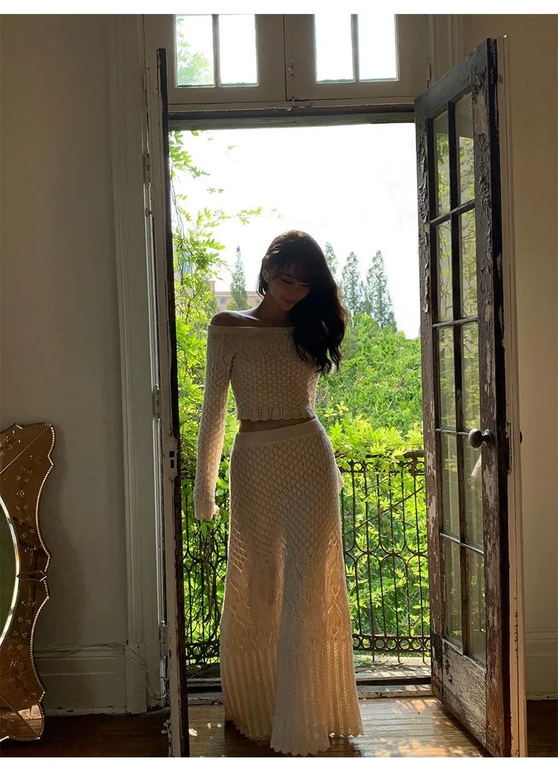 Women's Knitted Sweater Skirt Two-Piece Suit New Sexy Hollow Off-Neck Long Sleeve Sweater Skirt Suit