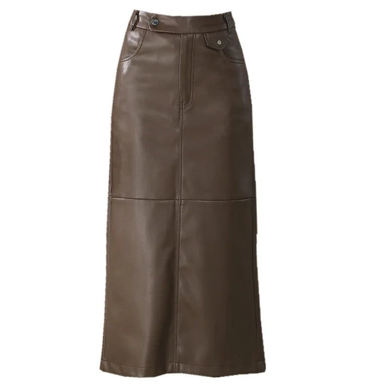 PU Leather Skirt Women's Autumn 2025 New High Waist Hip Skirt Medium and Long Straight Split One-step Skirt
