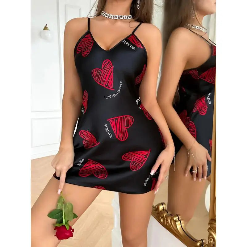 Print Satin Slip Nightdress V Neck Backless Mini Sleep Dress Women Sleepwear Dresses Nightgown Cosplay Sexy Pajama