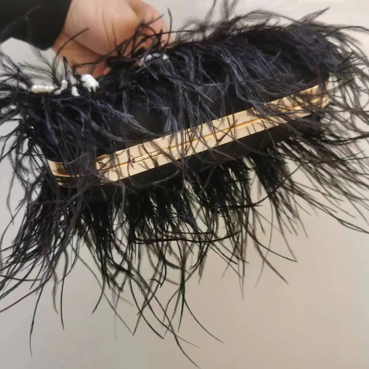 Multicolored Ostrich Feather Purse Clutch Bag Evening Hand Purse With Knuckle Ring Purple/Pink/White/Black Purse