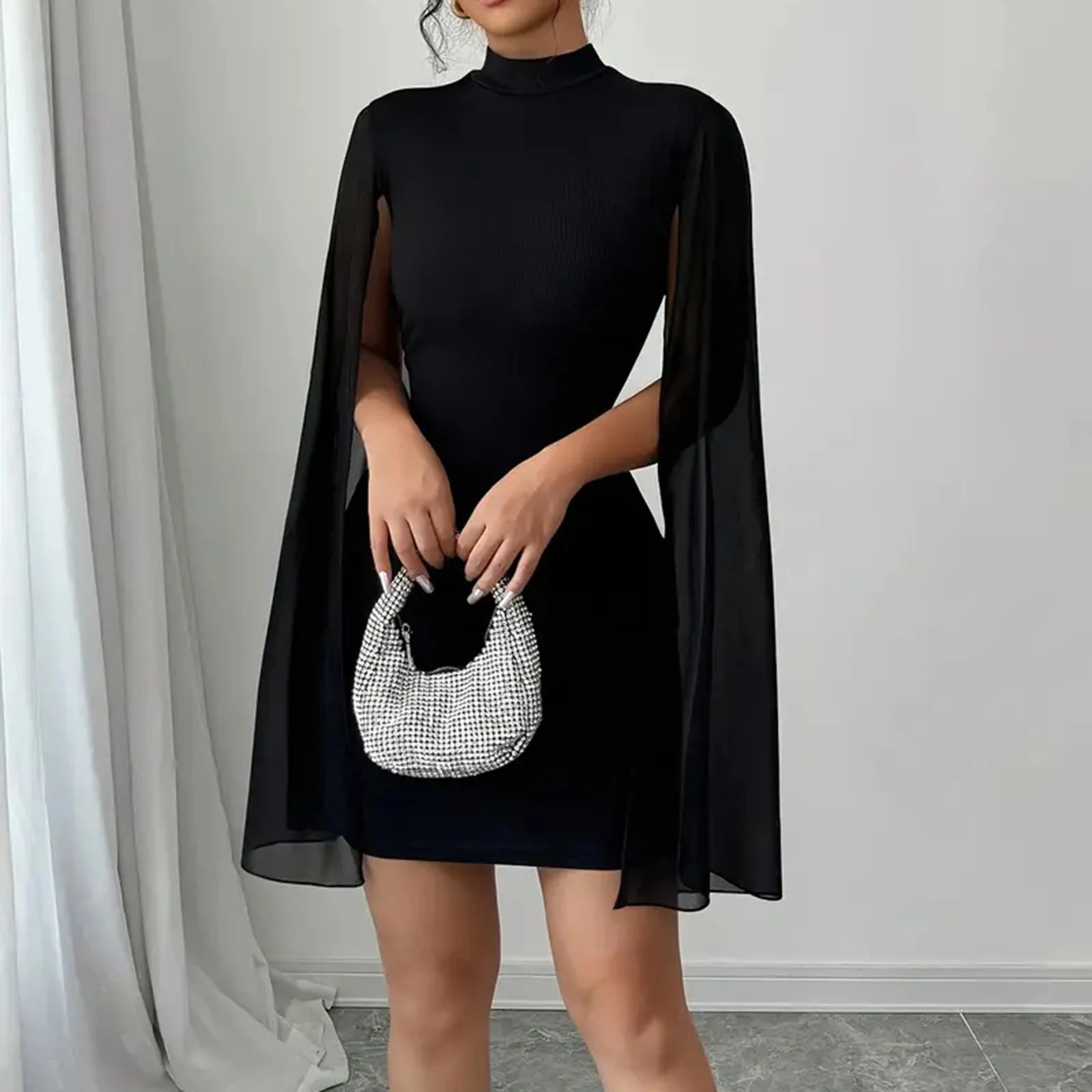 Elegant Black Party Dresses for Women Round Neck Ribbed Cape Bodycon Dress Stylish and Sexy Hip Wrap Short Dress Ladies'Clothing