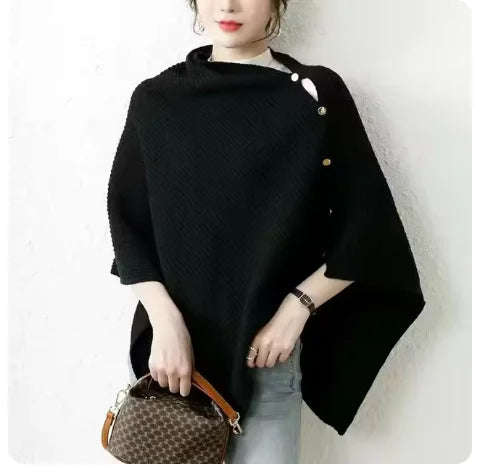 Warm Knitted Plain Color Scarf Thick Single Breasted Wool Shawl Wrap Women Cape Open Side Woven Cardigan Poncho Stole