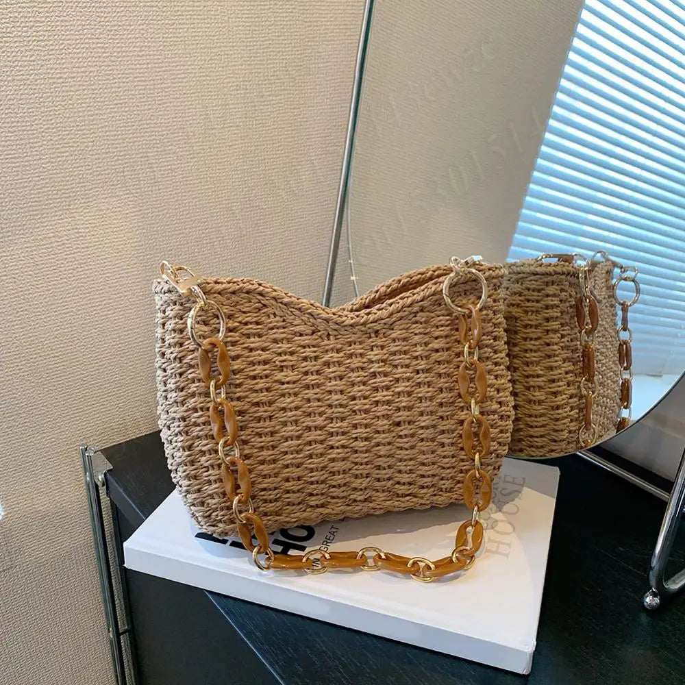 Straw Purse for Women with Chain Woven Shoulder Bag Zipper Underarm Bag Large Capacity Clutch Purse for Travel Vacation