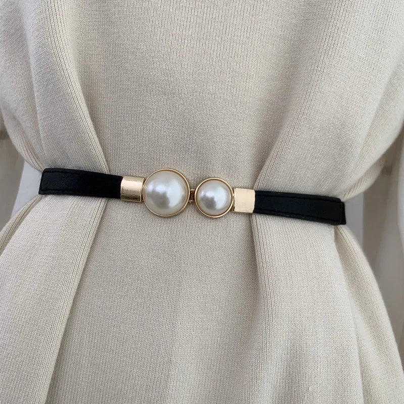 Elegant Double Pearls Buckle Elastic Women Belts Thin Straps Lady Girl Dress Skirt Decor Waistbands Trouser Decoration GM113