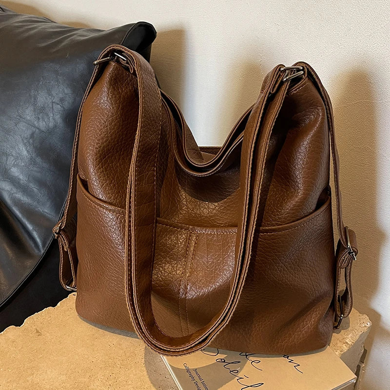 Versatile Student PU Backpack Women New Large Capacity Commute Travel Shoulder Crossbody Bags Fashion All-matched Tote Bag