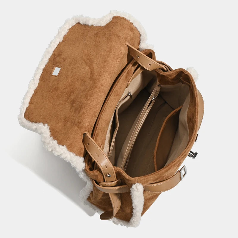 Faux Suede Bags For Women Luxury Designer Handbag Purses 2025 New In Imitation Lamb Wool Trim Lock Belt Buckle Underarm Shoulder