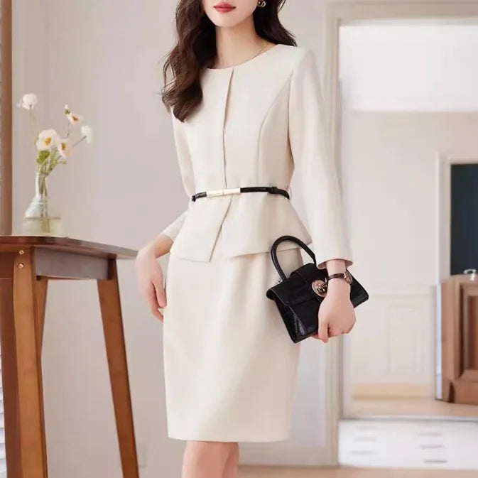 Women's Professional Dresses Suits, Women's Slim Temperament, Hip Dress Skirts, Hosts, Hotel Office Lady Overalls with Belt