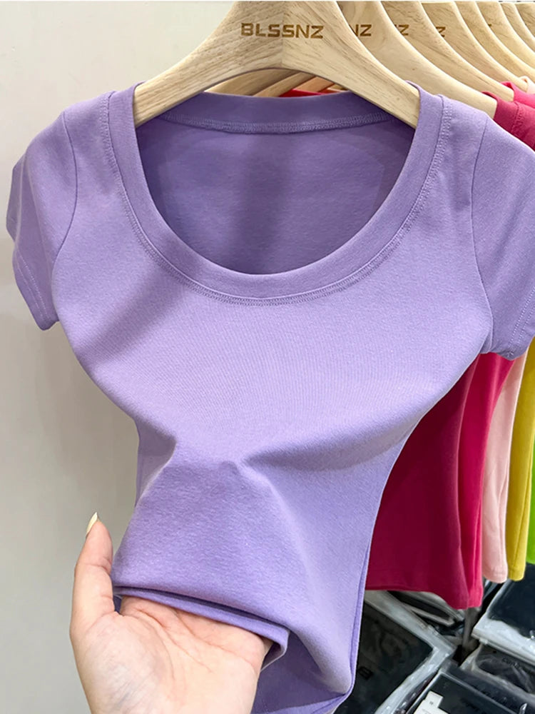 2025 Sexy Square Collar Slim T Shirt Women Cotton Elastic Basic Solid Female Casual Tops Short Sleeve Thin T-shirts See Through