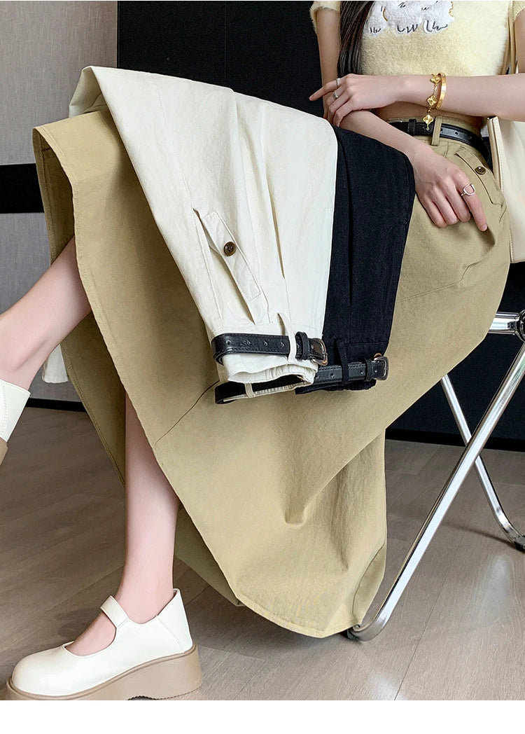 Seoulish Denim Skirts for Women 2024 Spring Summer New High Waist A-line Large Hem Office Lady Umbrella Skirt Pleated Long Skirt