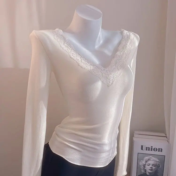 Women's Blouses Sexy Lace Deep V Neck Long Bell Sleeves Top Slim Fit Low Cut Sheer Mesh Shirt For Spring Fall Women's Clothing