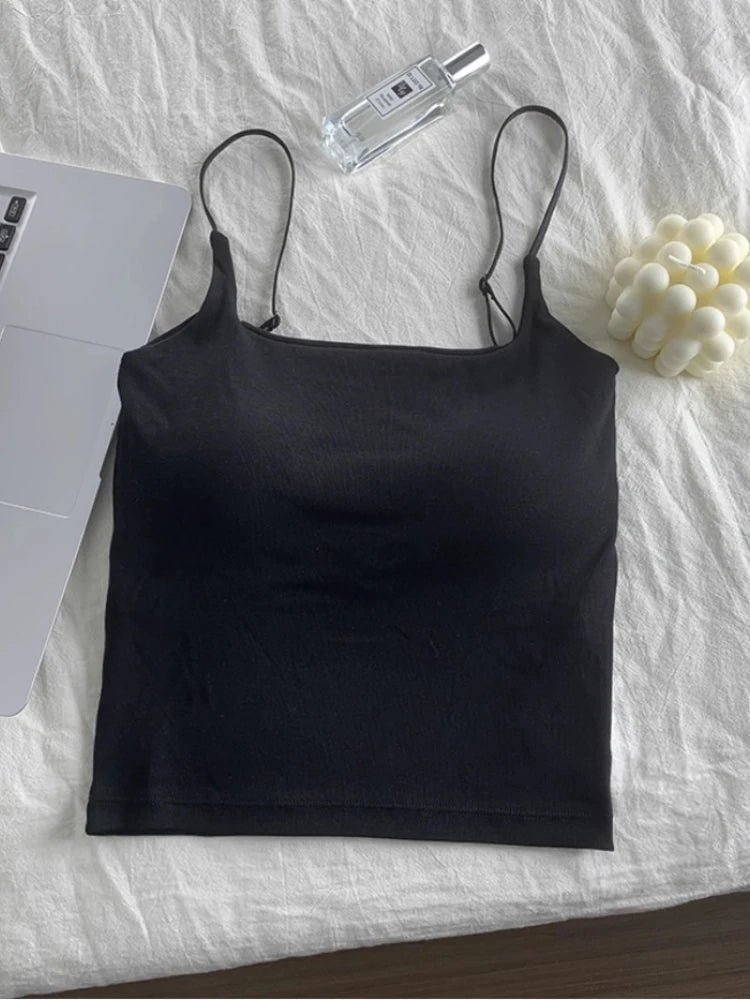 2025 Women With Built In Bra Spaghetti Strap Tanks Summer Camis Tank Casual Tops For Woman Solid Color Female Korean Style