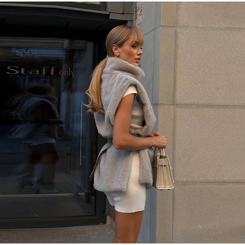 Vintage Brown Women's Faux Fur Vest Solid High Collar Sleeveless Thicken Female Waistcoat 2025 Autumn Winter New Lady Streetwear