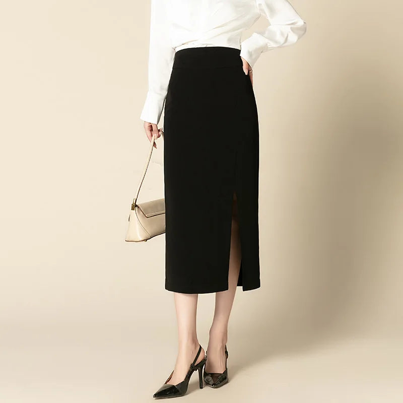 ZUZK Slit Hem Bodycon Skirt Women Elegant  High Waist Slim Skirt Spring Autumn Office Lady Mid-long Work Pencil Skirt