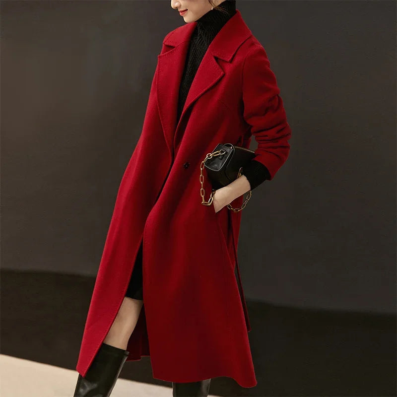 SENTUBILA Women 100% Wool Long Wrap Coat 2025 Elegant Notched Collar Belted Warm Double Faced Woolen Winter Overcoat W24O43352