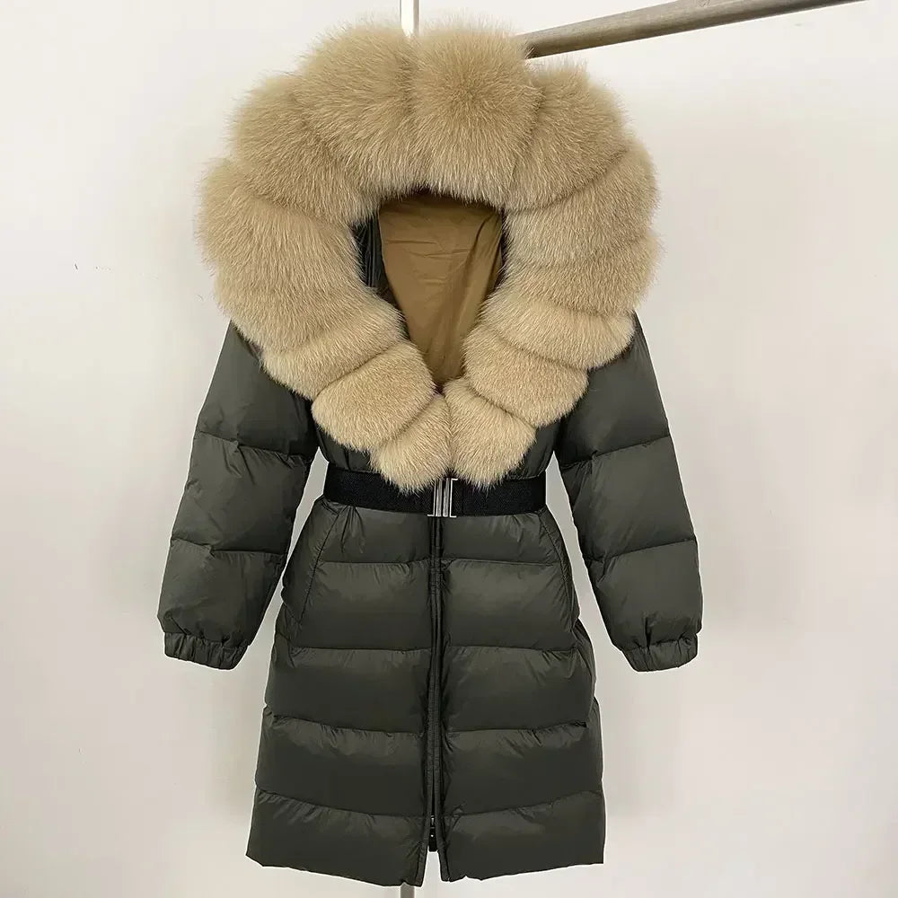 90% White Duck Down Coat New Natural Thick Warm Long Winter Jacket Women Real Big Fox Fur Collar Belt Loose Puffer Parka