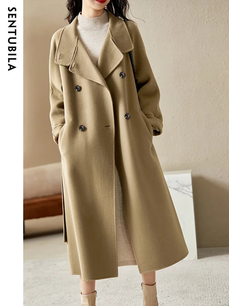 SENTUBILA Women's Long Woolen Overcoats 2025 Winter Outerwear Elegant Turtleneck Warm Double Breasted Belt Wrap Coat W24O42064