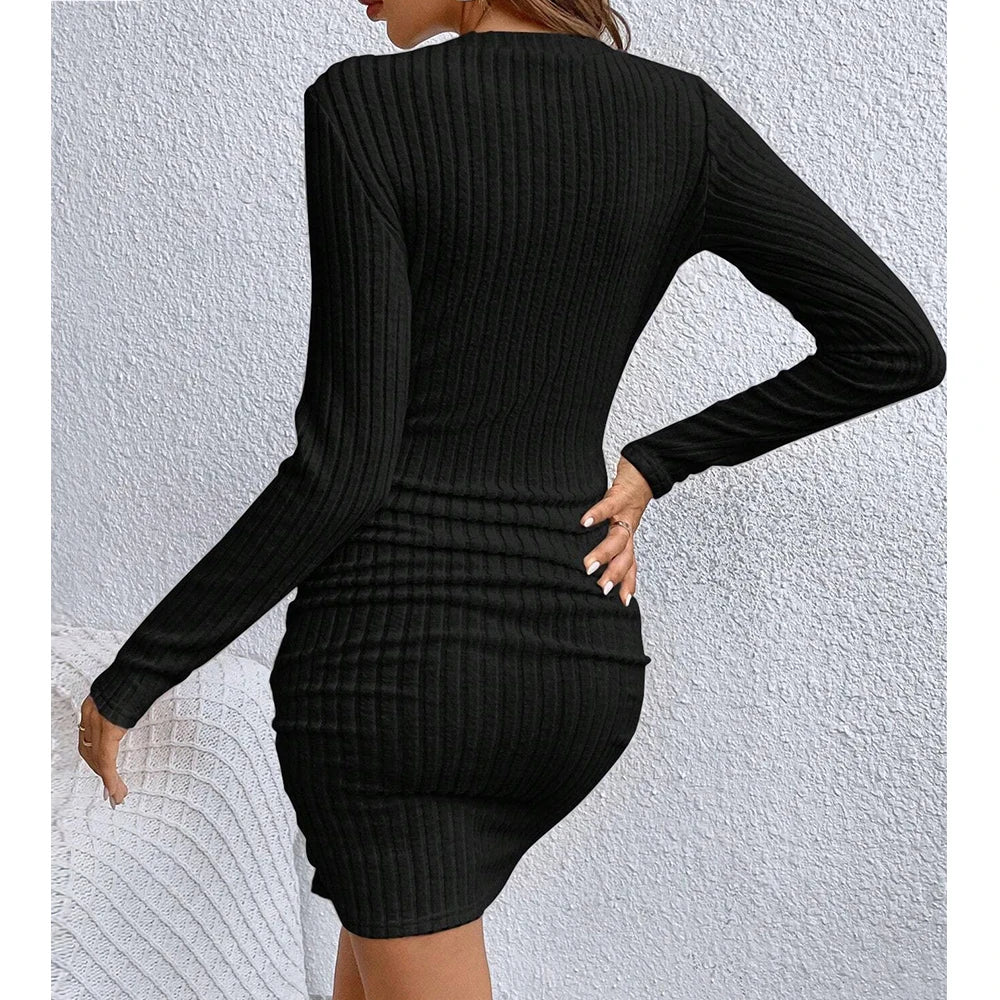 Women's Dresses Autumn Fitting Slim Plain Long Sleeve V-Neck Bodysuit Mini Casual Dresses