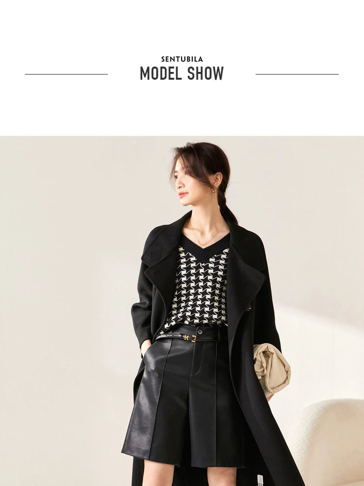 SENTUBILA Women's Long Woolen Overcoats 2025 Winter Outerwear Elegant Turtleneck Warm Double Breasted Belt Wrap Coat W24O42064