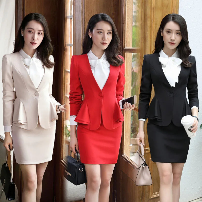 Slim 2 Piece Blazer and Skirt 2024 Spring Autumn New Fashion Office Ladies Ruffle Hem Single Button Blazers Solid Skirt Suits